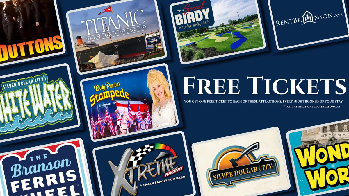 A vibrant collection of attraction advertisements on an interior wall, featuring the phrase 'FREE TICKETS.' The display suggests a variety of entertainment options in the local area, including live shows, family outings, and adventure activities.